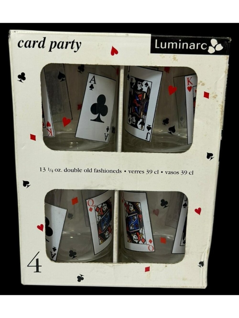 SET 4 Luminarc Card Party 13 1/4 Double Old Fashioned Glasses Rocks Playing Card